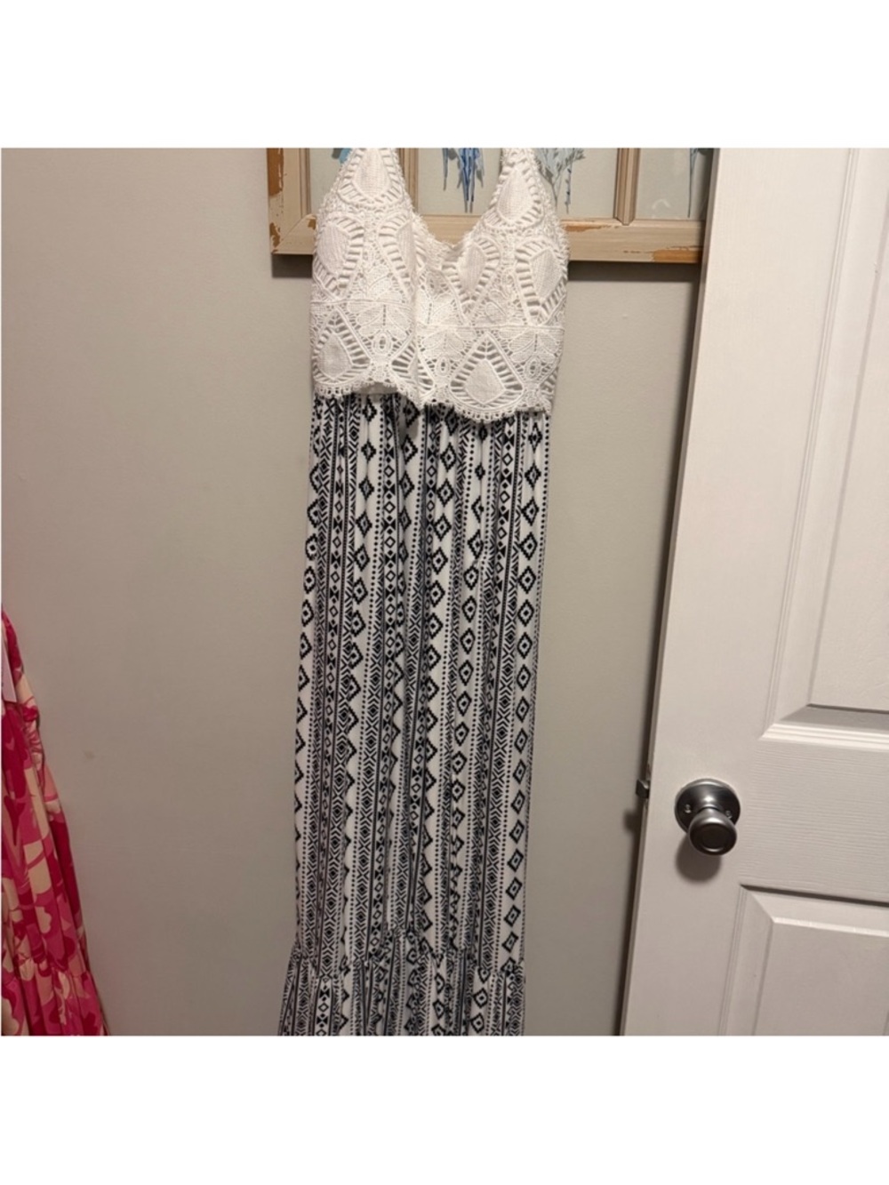 White Crochet & Black Patterned Maxi Dress